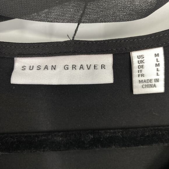 Susan Graver Medium Tunic Slinky Knit Black Ruffle Chiffon Tie V neck Lagenlook - Picture 10 of 10